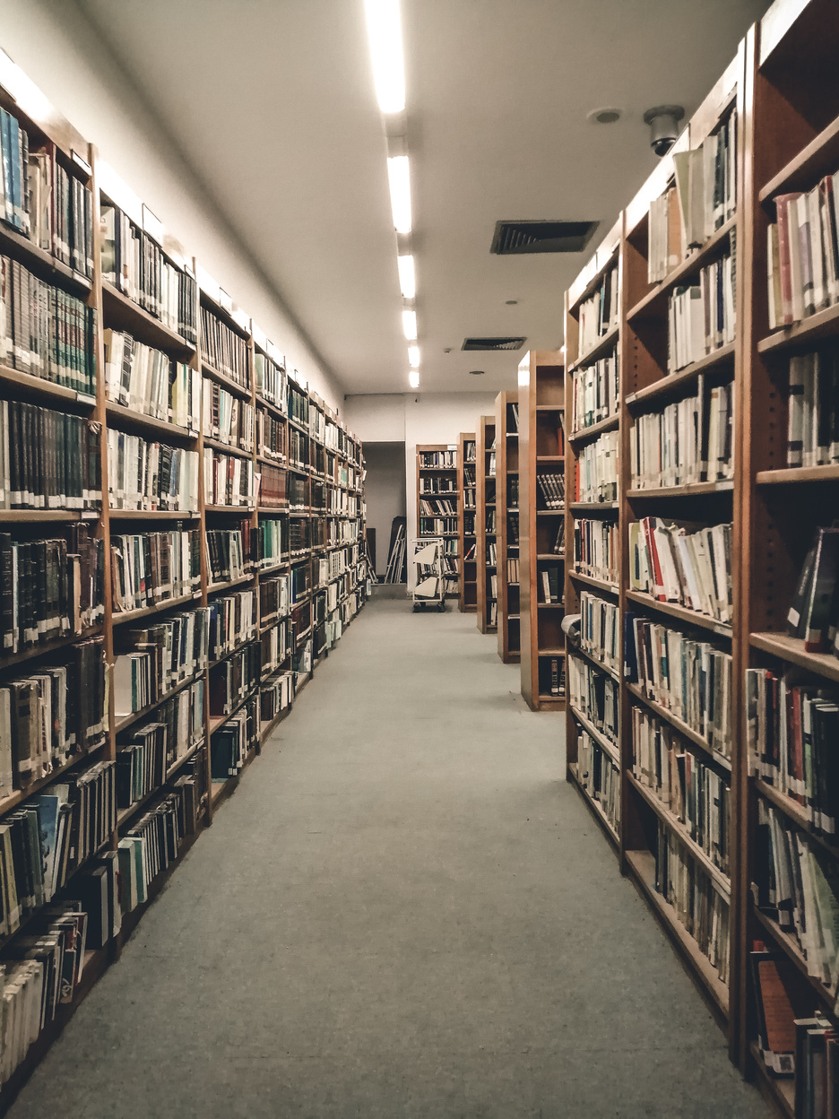 Library Shelves Stacked with Books